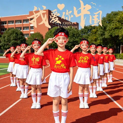 红色中国爱国亲子装纯棉短袖中大童儿童T恤国庆短袖班服演出服