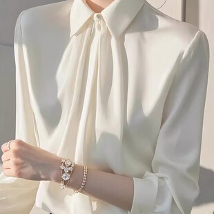 气质轻奢风减龄衬衫 时尚 女春秋新款 衬衫 高级感绝美白色Polo领长袖