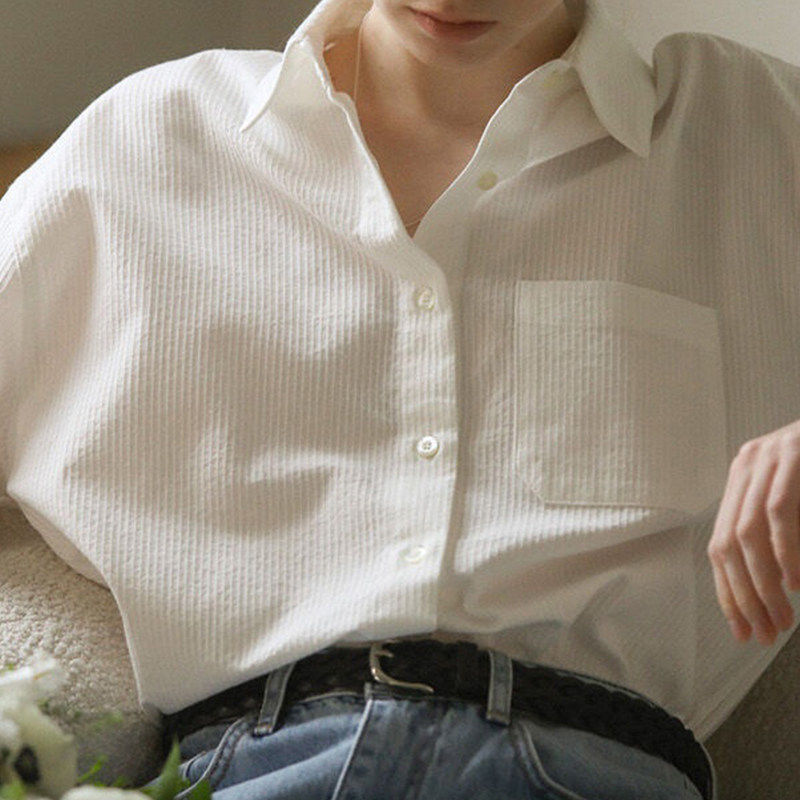 白色衬衫女春夏法式上衣职业通勤衬衣宽松柔软开衫简约百搭上衣