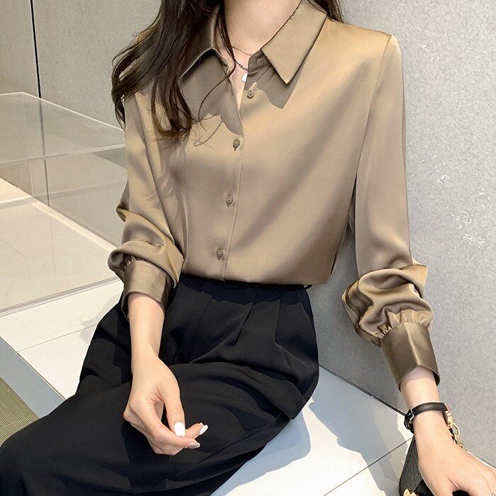 咖色高级感气质通勤白衬衫2026夏季薄款职业百搭醋酸锻面女衬衣
