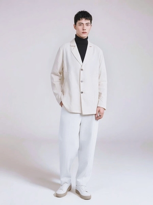 高端 法国诺曼底纯亚麻外套西装男长袖休闲西服V领简约文艺春秋款