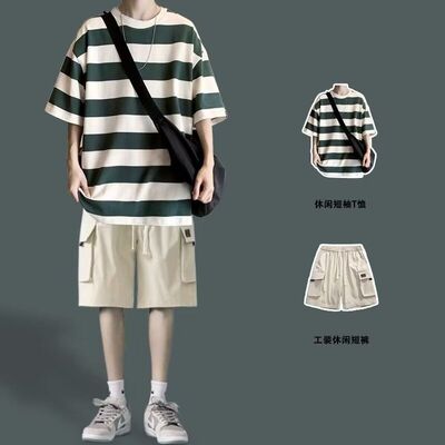条纹短袖t恤男士潮牌学生青少年套装痞帅男装酷帅穿搭短裤两件套
