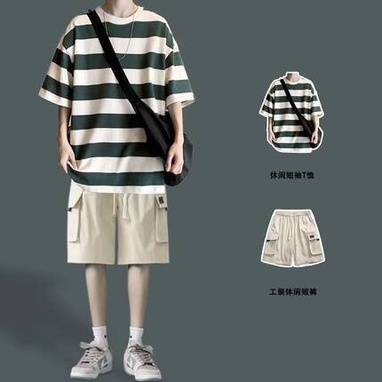 条纹短袖t恤男士潮牌学生青少年套装痞帅男装酷帅穿搭短裤两件套