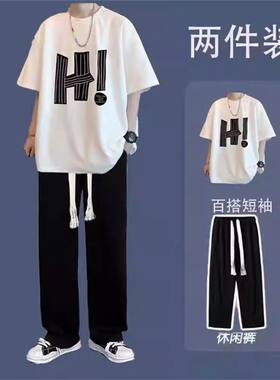 短袖套装男生夏季t恤休闲搭配港风印花上衣黑色薄长裤两件套潮