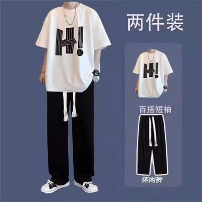 短袖套装男生夏季t恤休闲搭配港风印花上衣黑色薄长裤两件套潮