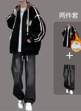 连帽棒球服外套男生春秋季新款青少年潮流大童初高中学生夹克套装