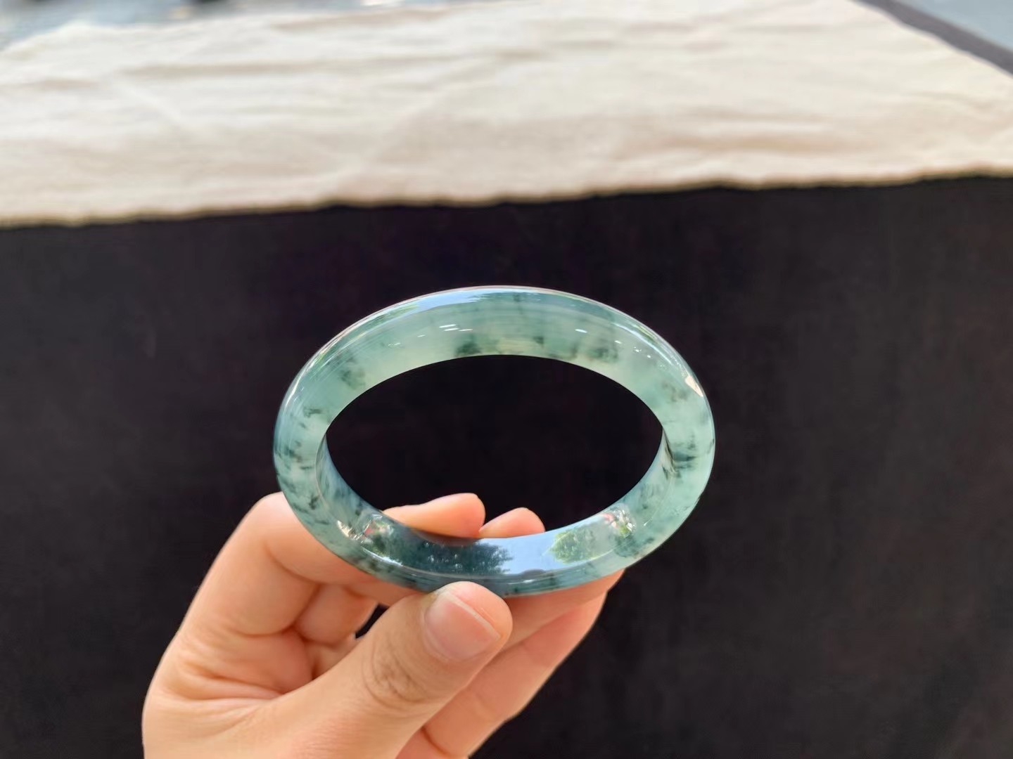 墨绿丹青水墨贵妃,山水腕中间种好水好冰透起光手镯53圈口,f350