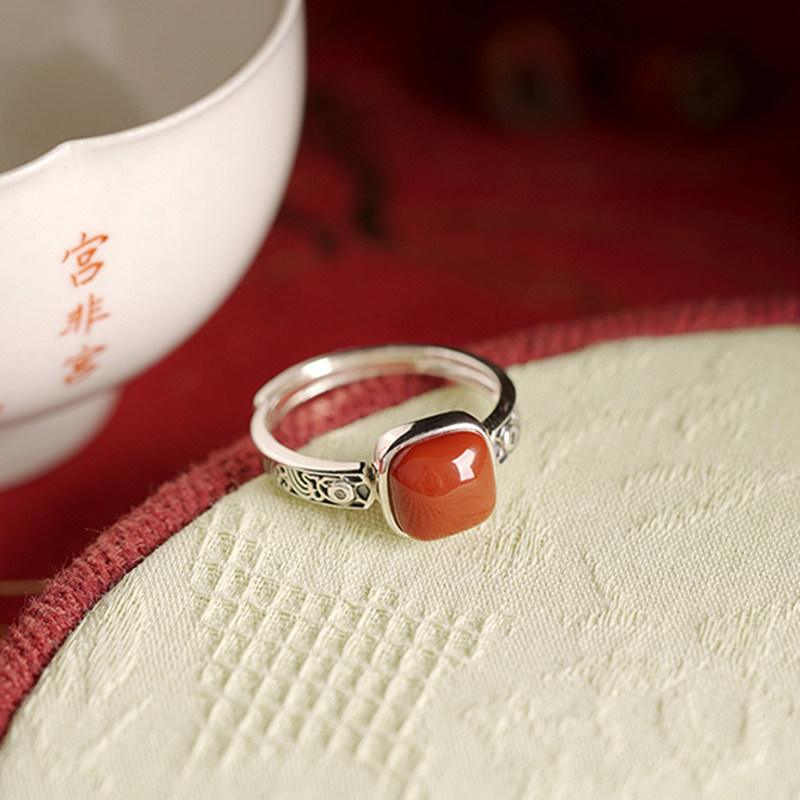 「红袖」天然南红玛瑙方形戒指女纯银复古做旧新中式可调节指环,饰品/流行首饰/时尚饰品新,戒指/指环,淘宝优惠券,粉丝福利购,淘宝优惠卷