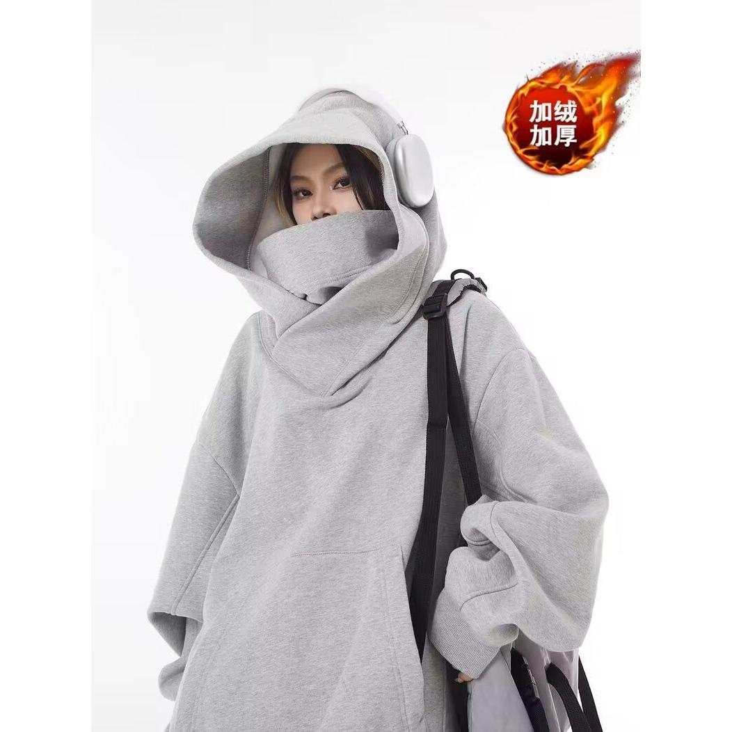 春秋社恐面罩外套女美式忍者冲锋男卫衣加绒重磅高领连帽