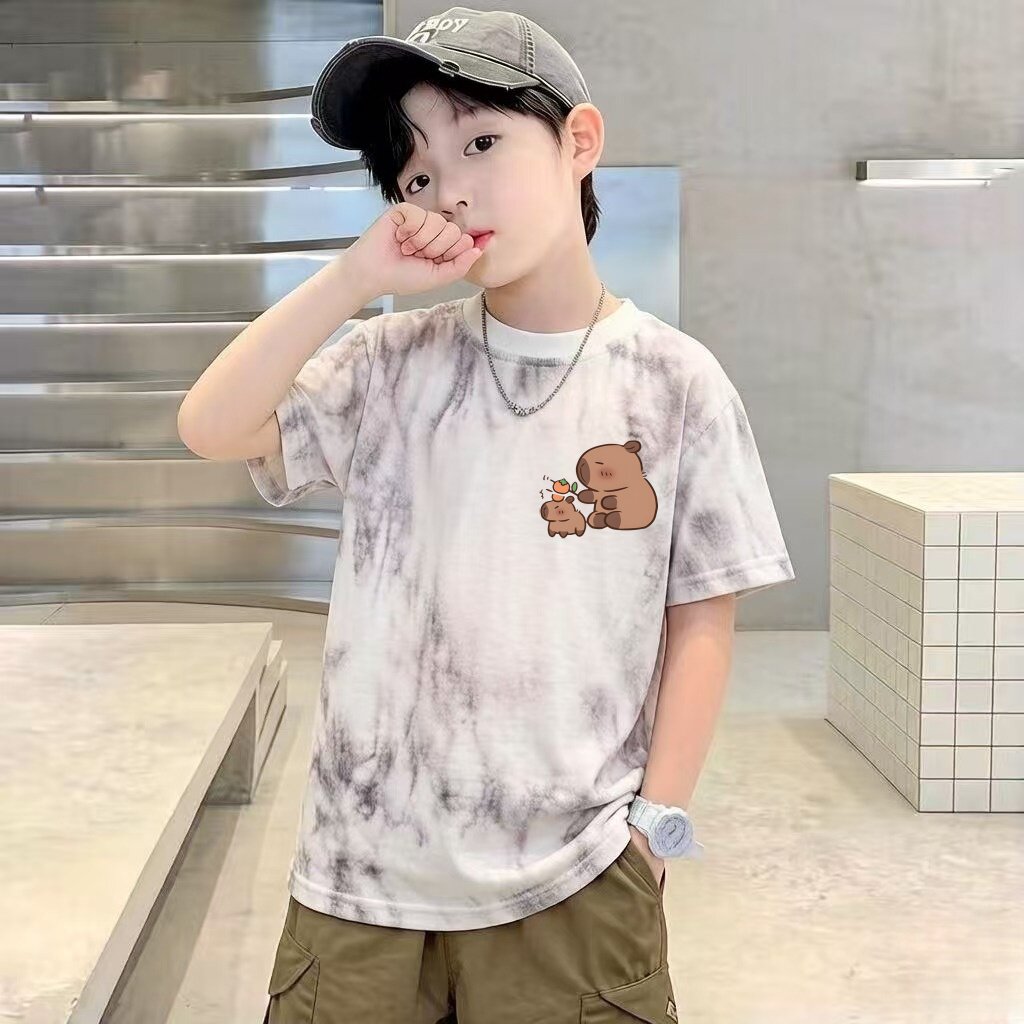 儿童纯棉短袖T恤2026新款新款中大童宽松上衣男童洋气扎染亮片潮t