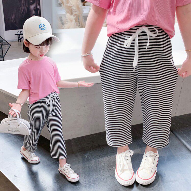 女童七分裤夏季薄款1-3岁女宝宝纯棉条纹裤子6小童夏天九分阔腿裤
