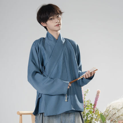 惜物国风 明制汉服交领中衣格子纹大明程序员短衫日常出行初秋季