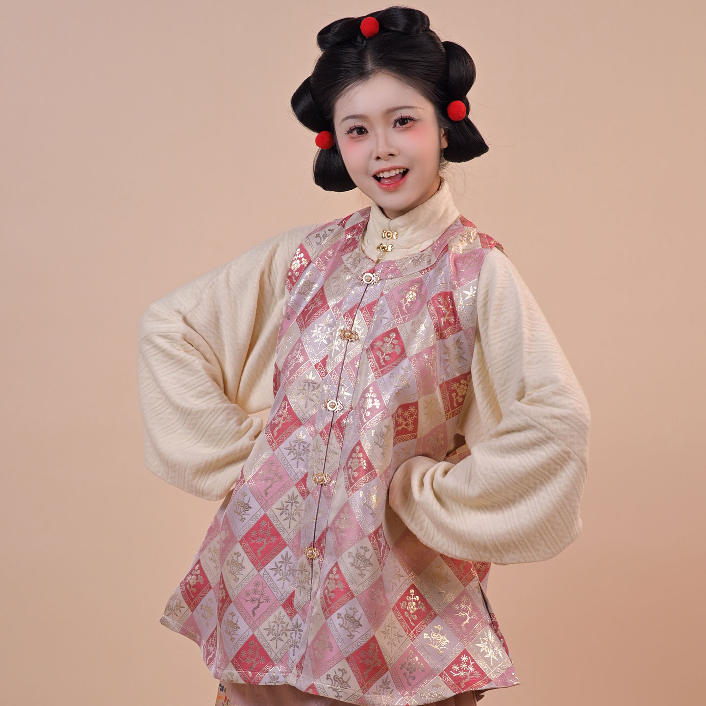 惜物国风明制水田纹圆领短比甲