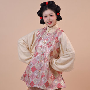 惜物国风 明制汉服织金水田纹圆领仿孔府短比甲破肩女款外搭上衣