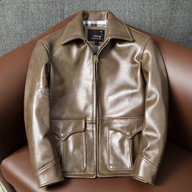 【专柜正品】油蜡加厚头层牛皮真皮皮衣男皮夹克帅气翻领外套潮秋