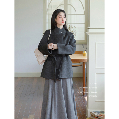 何衣见友《夜岚》秋冬复古双面羊毛手工呢大衣外套高级感灰色短款