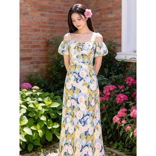 斑斓｜法式复古棉感连衣裙温柔优雅油画印花抽褶鱼尾夏沙滩度假裙