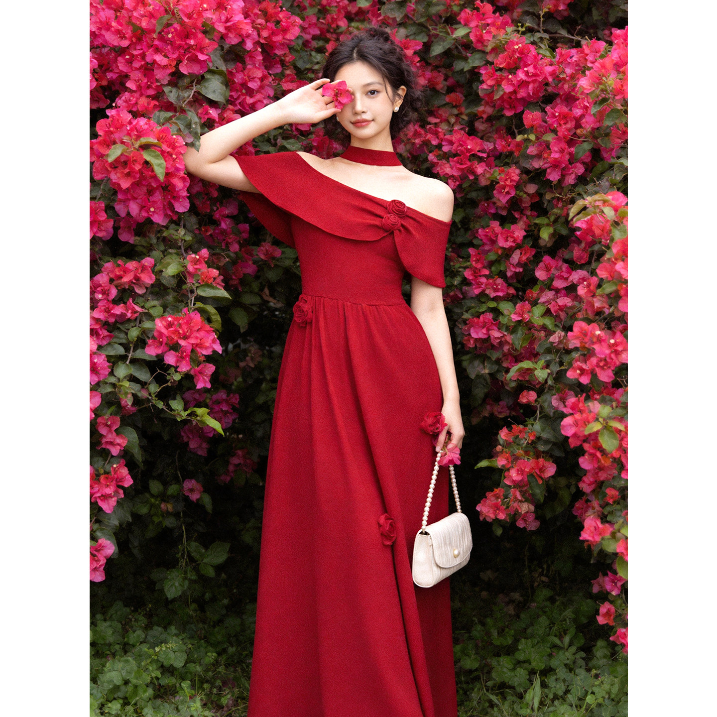 花序｜何衣见友红色玫瑰针织连衣裙气质大码港风日常敬酒订婚礼服