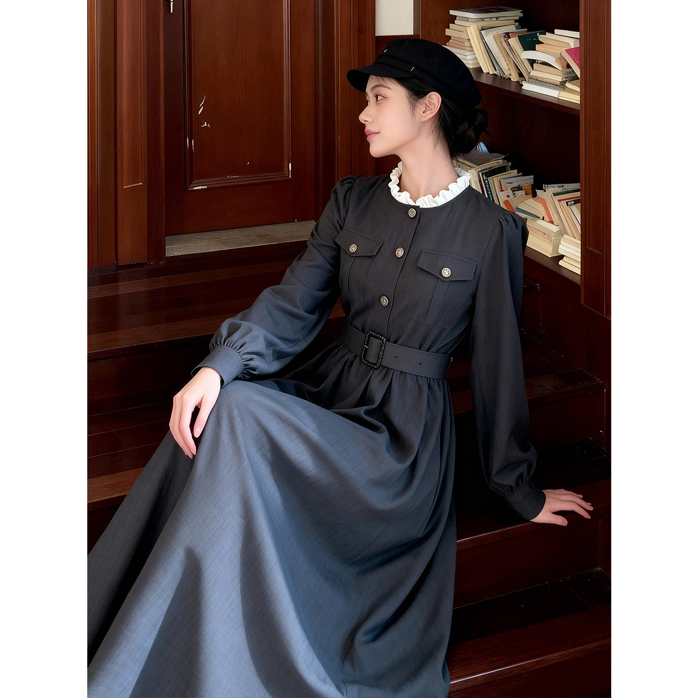 碧落｜早春法式连衣裙气质高智感复古正式通勤长袖纽扣灰色西装裙