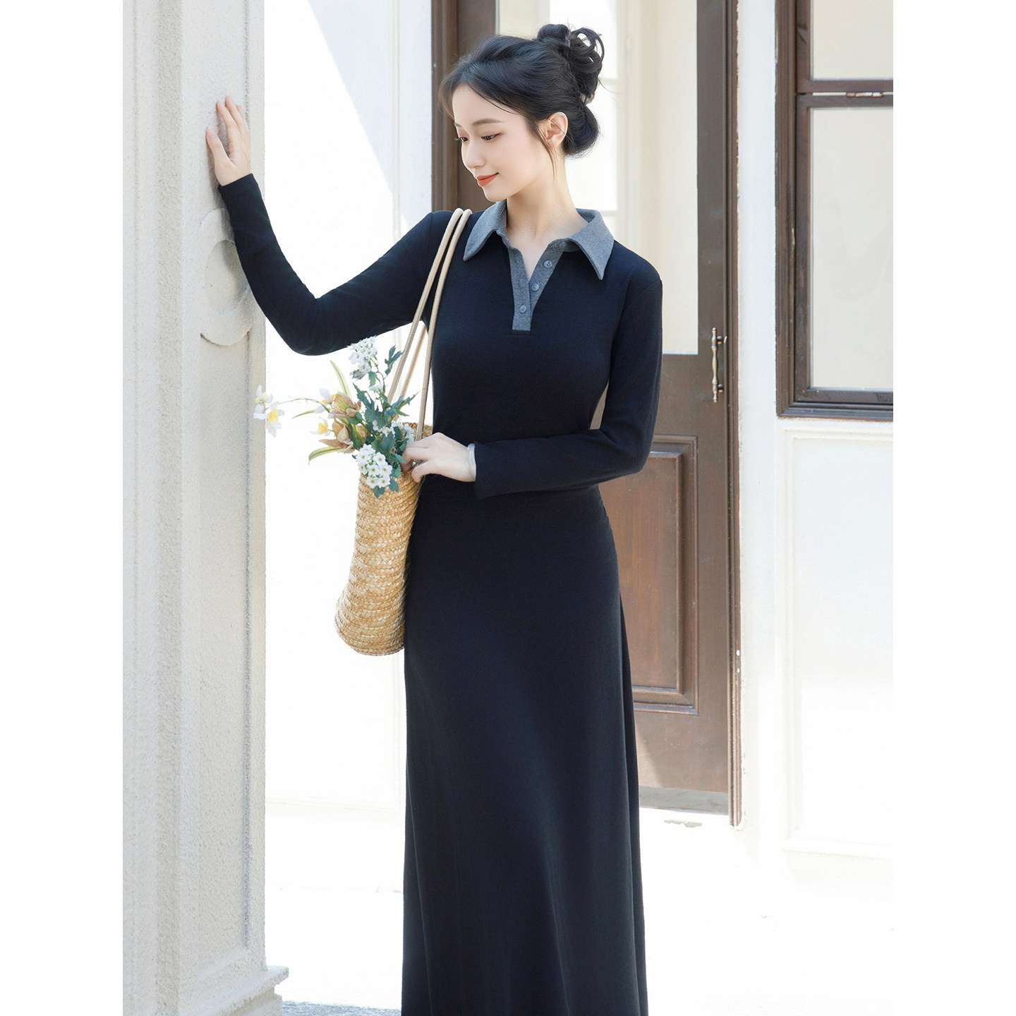 何衣见友秋冬高级感针织连衣裙miu系学院风大码显瘦打底裙黑长袖