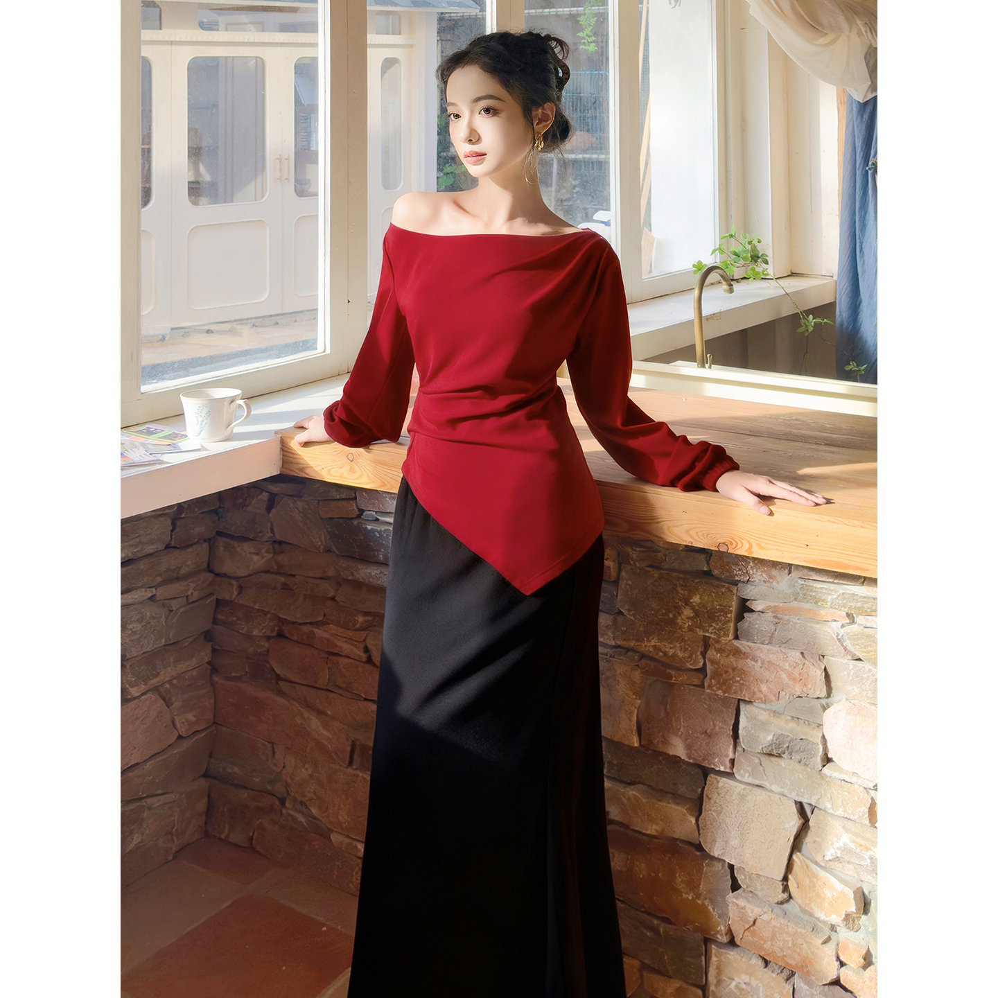 【新品限时8折】秋冬不对称设计感针织上衣鱼尾半裙两件套装