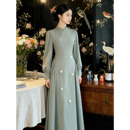 大摆显瘦连衣裙 长袖 青霭｜秋冬新中式 原创刺绣花朵改良旗袍绿西装