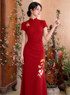 蝶恋花｜春夏国风刺绣新中式红色短袖旗袍长敬酒轻婚纱大码连衣裙