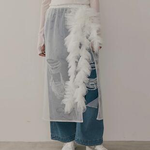 网纱蕾丝拼接褶边半身裙时尚百搭荷叶边设计透明半身长裙