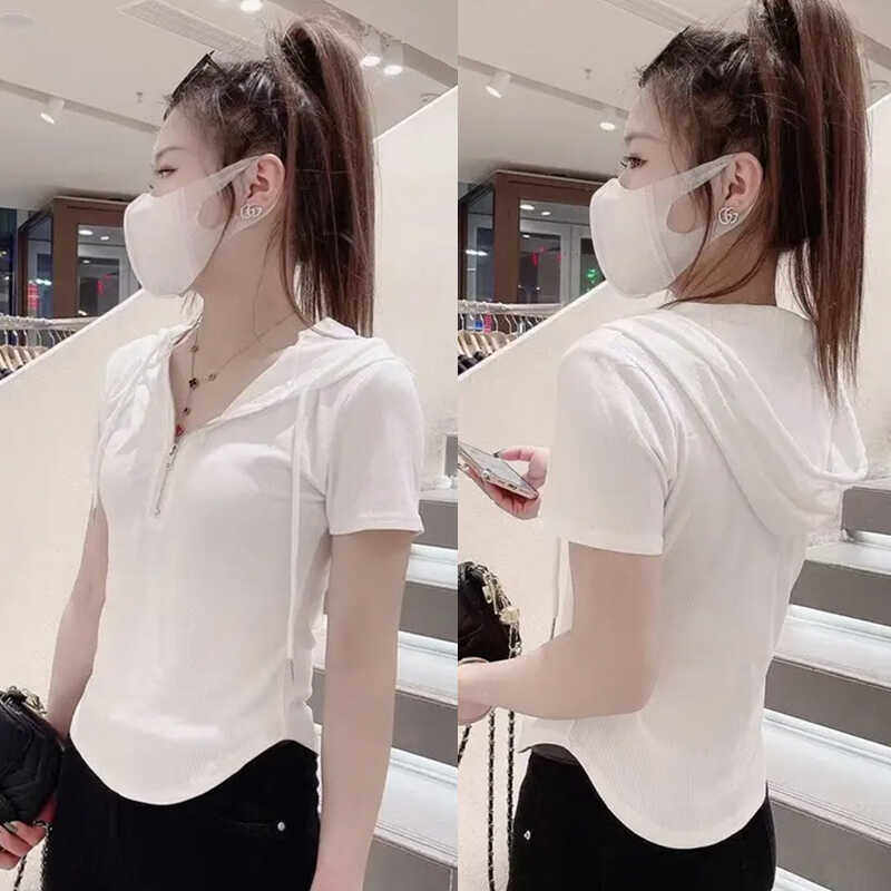 正肩白色短袖t恤女2025夏季小个子修身小衫气质拉链连帽半袖上衣
