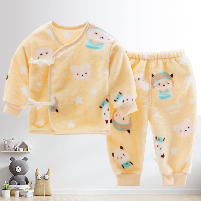 新生婴儿秋冬款保暖内衣套装加绒厚系带和尚服初生儿宝宝绑带睡衣