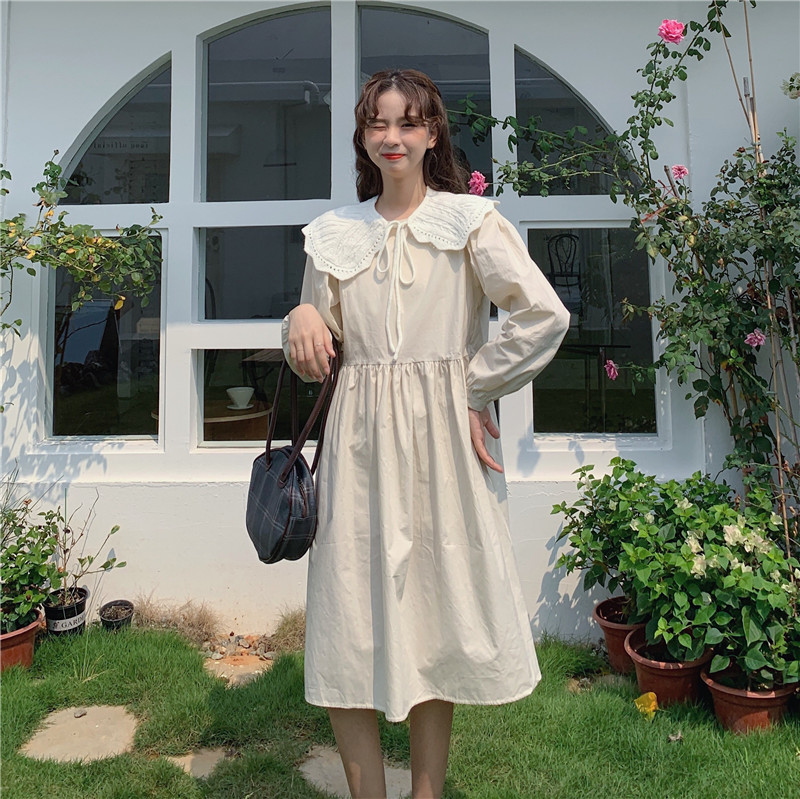 Real shot real price fall 2020 new age reduction baby collar long sleeve loose slim dress