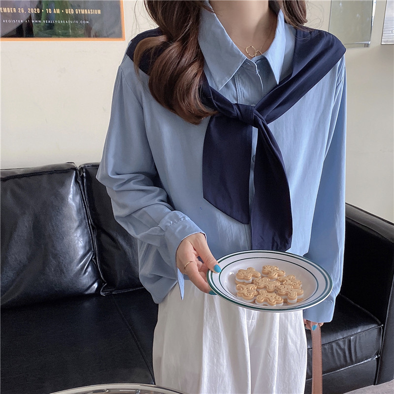 Real shot real price autumn new Korean style thin loose contrast color shawl Long Sleeve Shirt