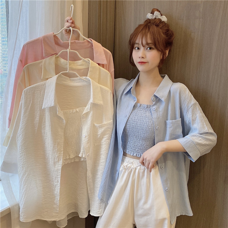 Real shot and real price summer new style with short pleated sling + two piece suit of western style loose sunscreen shirt