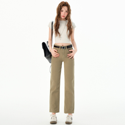 卡其色老钱风烟管牛仔裤女八分