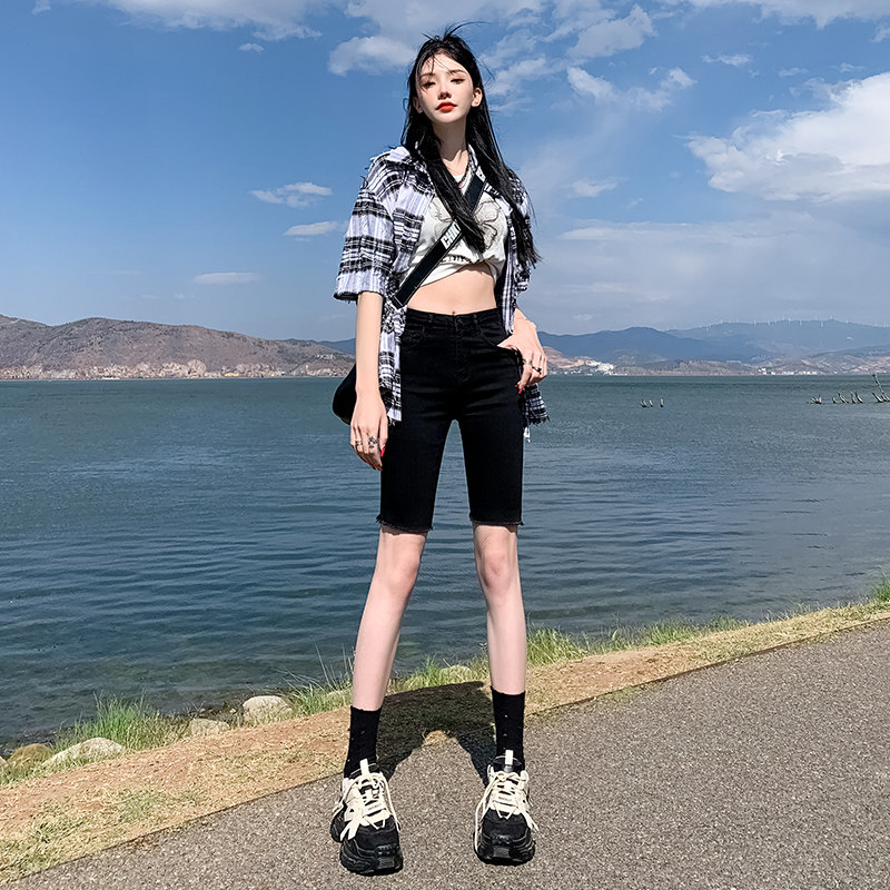 黑色五分牛仔短裤女夏季薄款马裤高腰小个子修身显瘦5分骑行中裤