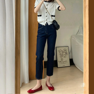 深蓝八分烟管裤女小个子牛仔裤