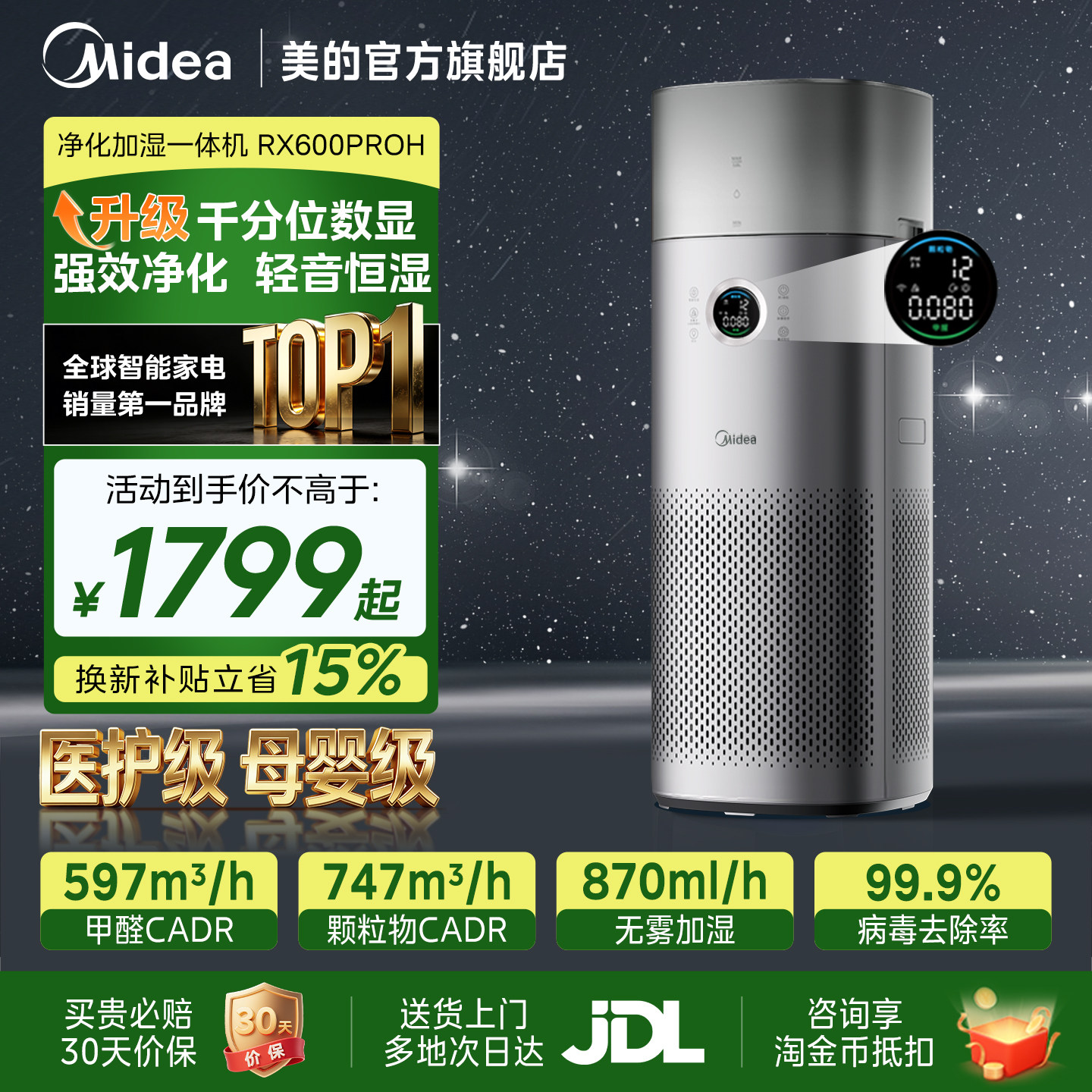 美的空气净化器家用卧室除甲醛菌二手烟加湿净化一体机RX600ProH