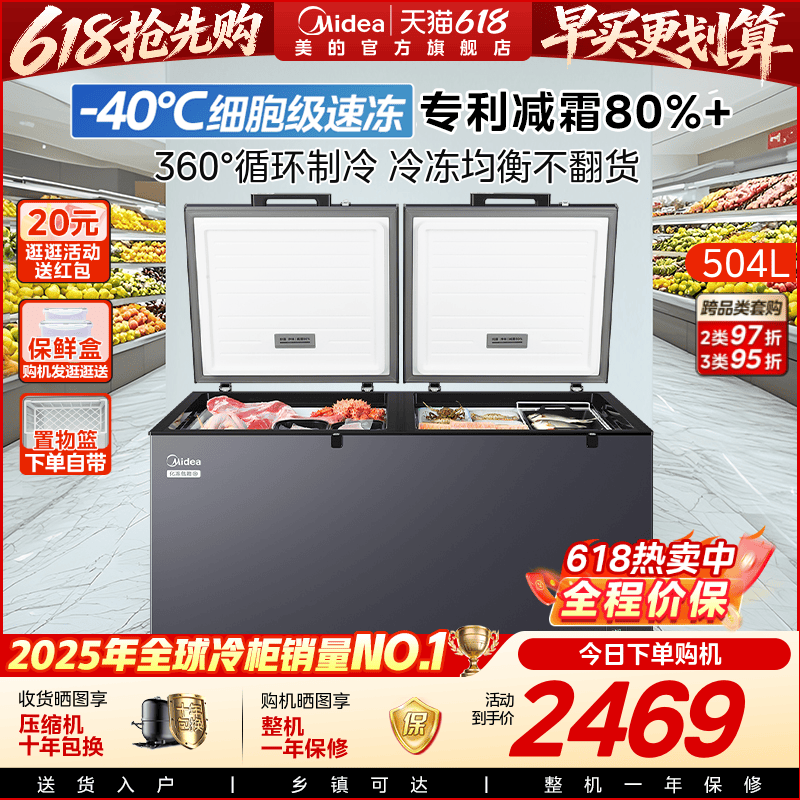 美的速冻王519大容量冰柜家用商用卧式大冷柜保鲜冷藏冷冻冰箱