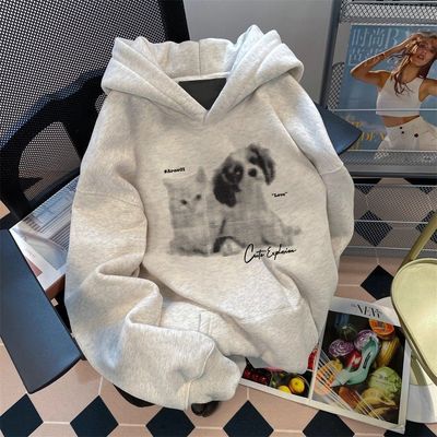 秋冬趣味猫狗连帽卫衣女宽松外套