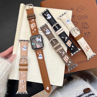 新款猫咪刺绣真皮表带适用S10代苹果iwatch98765se手表s9米9PRO
