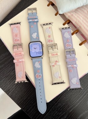 新款刺绣翅膀真皮表带适用ApplewatchS9手表iwatch8765SE2苹果S10