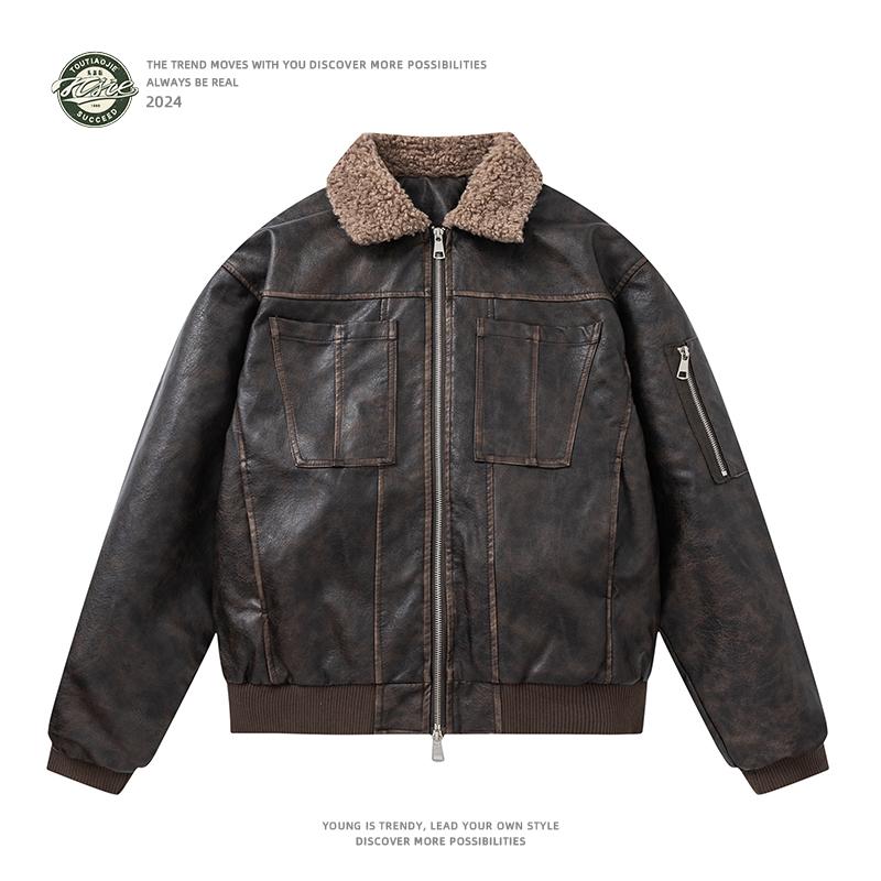 美式翻领pu皮夹克男宽松冬季外套