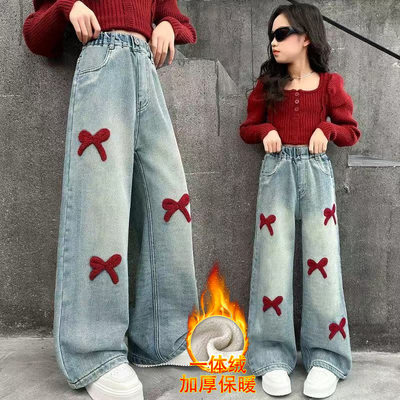 女童加绒裤子洋气秋冬装牛仔裤潮