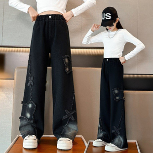 女童牛仔裤春秋款2026新款中大儿童秋装黑色长裤秋季女孩直筒裤子