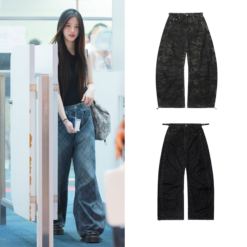 美式复古格纹休闲裤辣妹阔腿裤