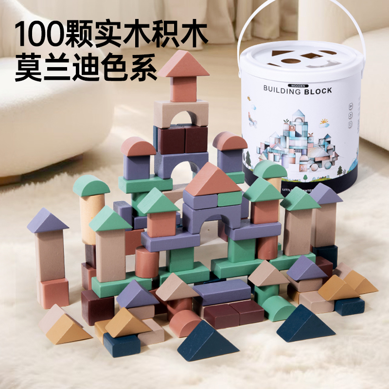 100块实木积木儿童益智玩具莫兰迪色系几何形状3-6岁
