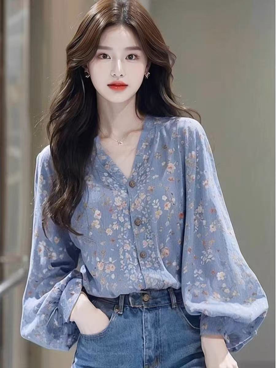 2025新款韩版宽松雪纺碎花长袖衬衫女夏季薄款洋气防晒商务女衫
