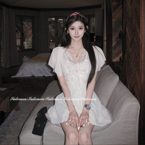 F PROJECT【一见倾心】初恋感v领蕾丝花边雪纺连衣裙女气质显瘦