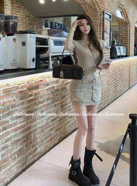 F PROJECT【布鲁克林】美式复古抽绳镂空工装显瘦长袖连衣裙