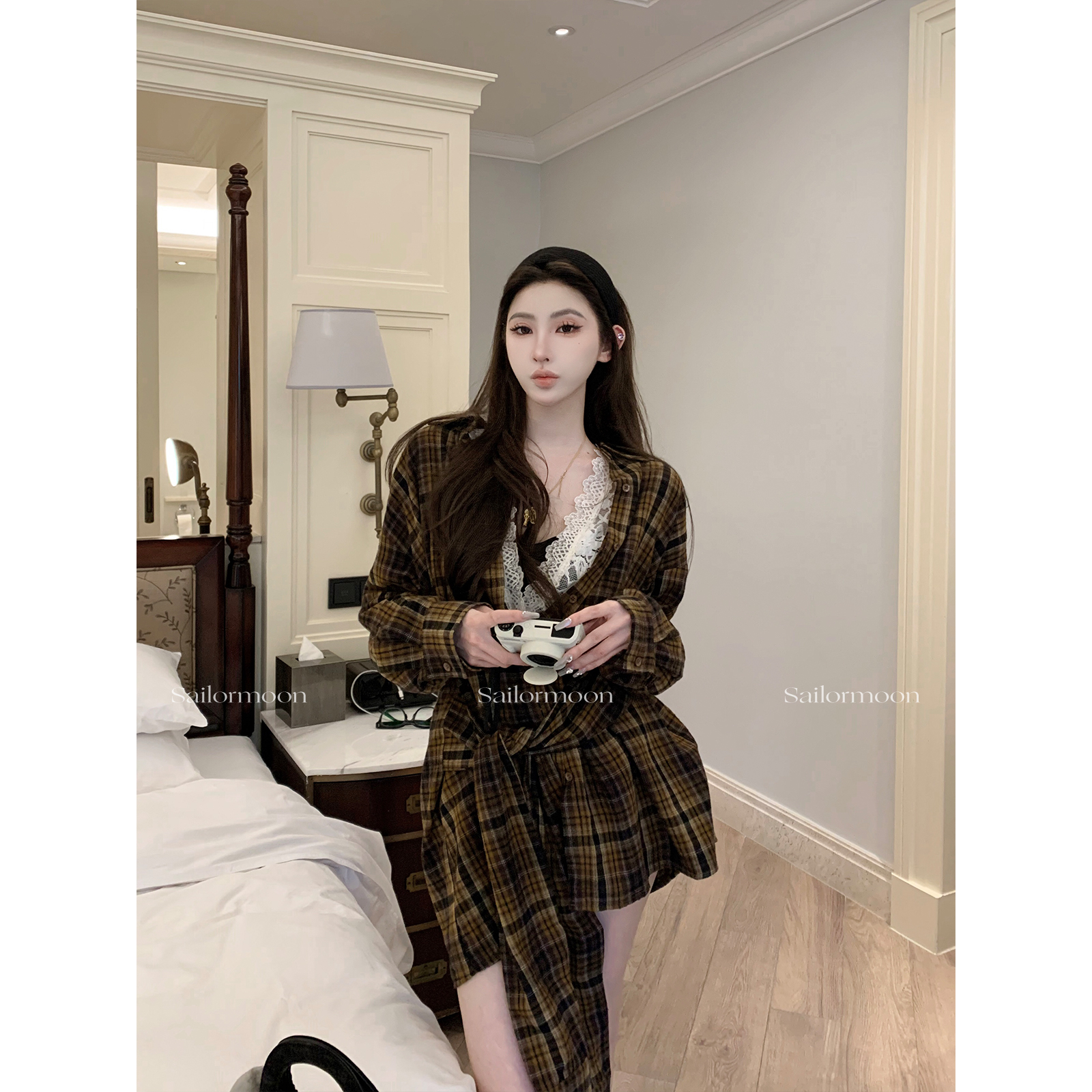 F PROJECT【韩系慵懒感】City walk适配度满分!长袖绑带格子衬衫